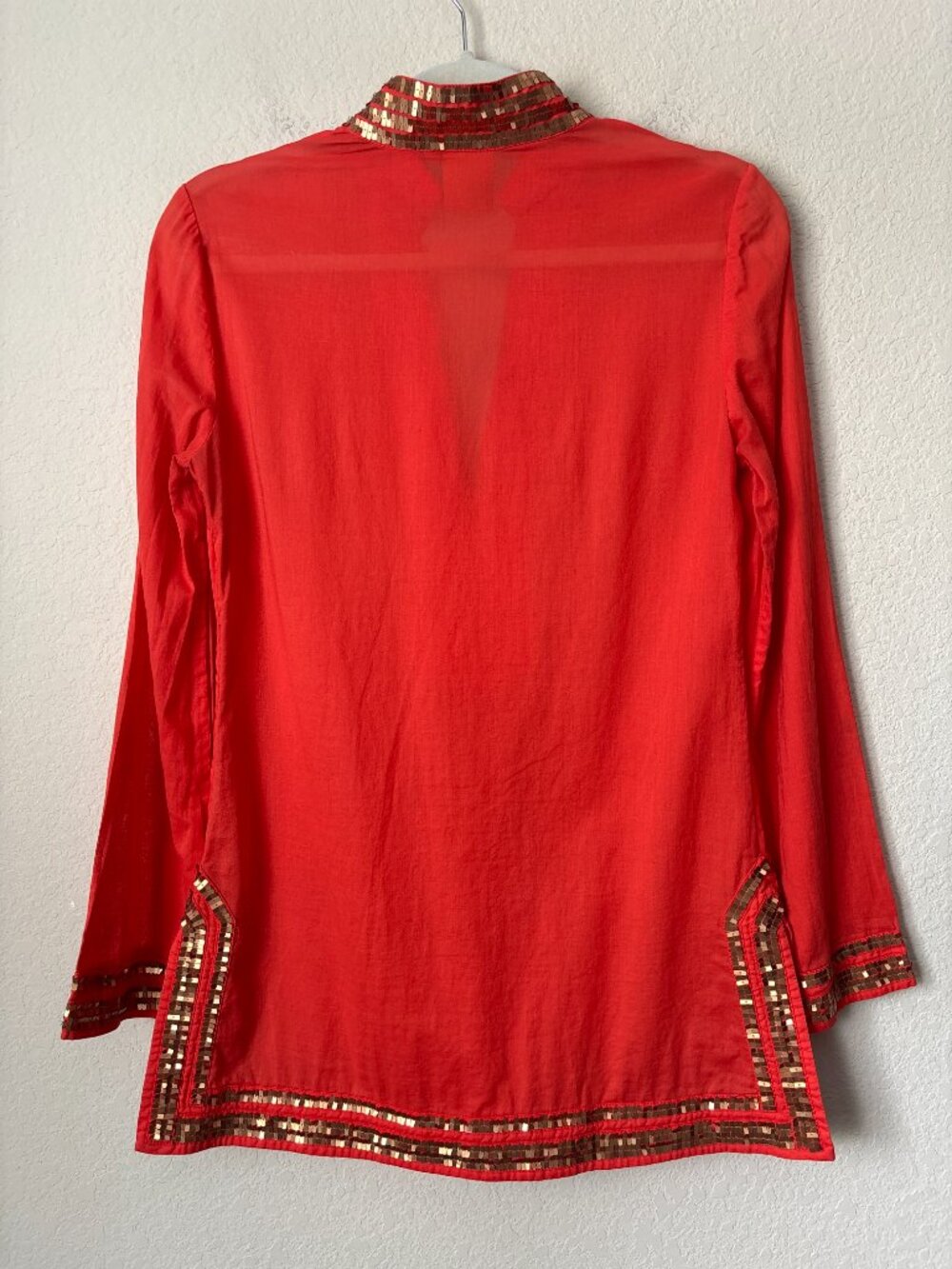 Tory Burch Gold Sequins V-Neck Orange Longline Caftan Tunic - Picture 8 of 13